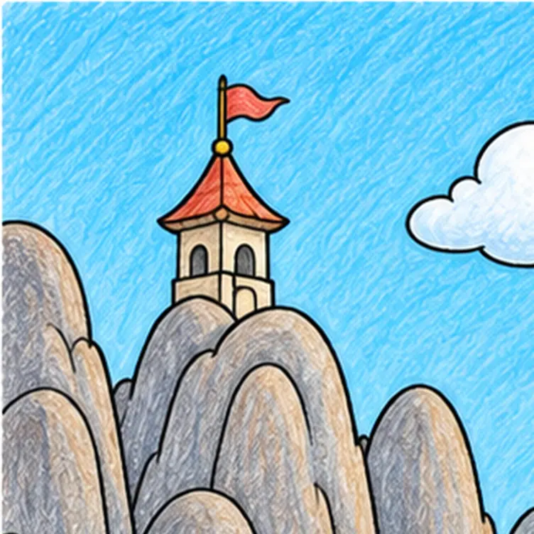 Een kasteeltoren met een rode vlag boven op een grijze berg.
