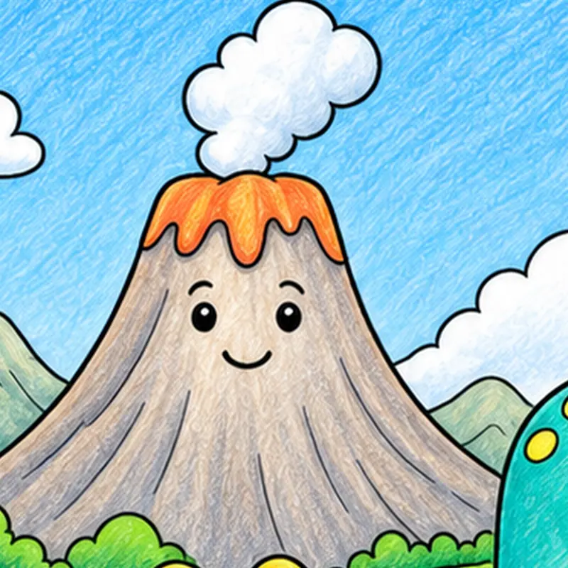 Een lachende vulkaan die een wolkje uitblaast.