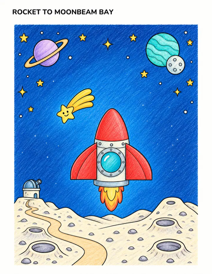 Finished example: A red rocket lifting off above a cratered moon, with planets and a smiling shooting star.
