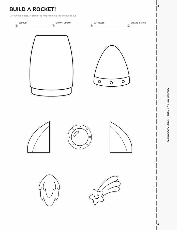 Sheet of pieces to colour and cut out: Rocket to Moonbeam Bay