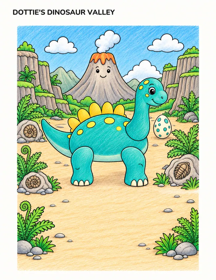Finished example: A turquoise dinosaur with yellow spots in a valley with a volcano and a spotted egg.