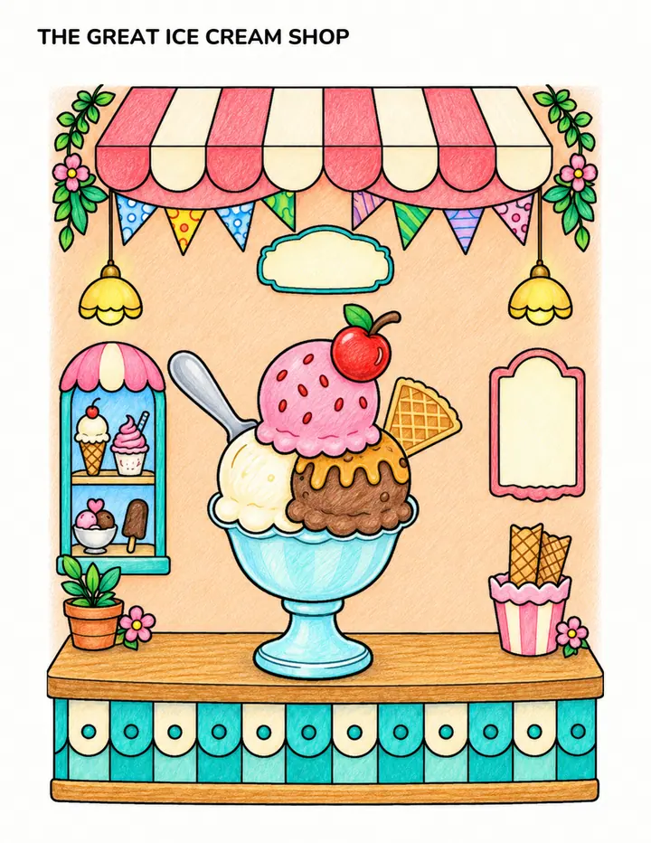Finished example: A huge ice cream sundae with three scoops and a cherry in an ice cream parlour with a striped awning.
