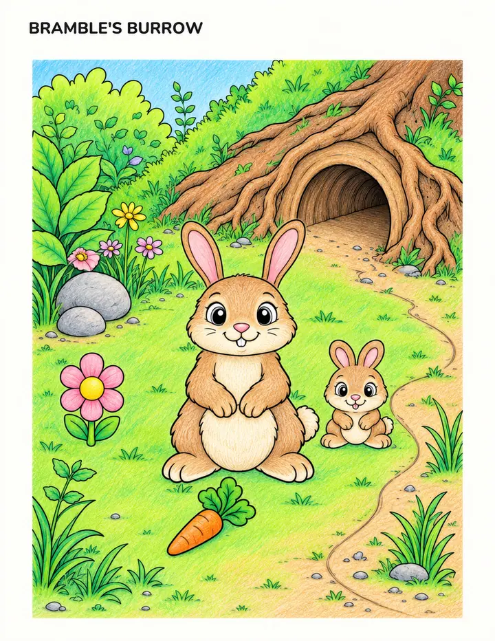 Finished example: A rabbit and a little one with a carrot, beside a burrow under old tree roots.
