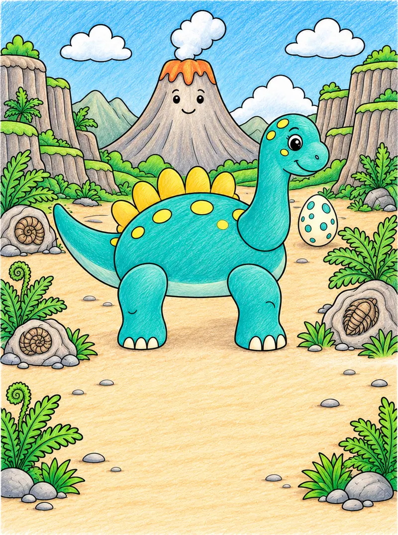 Een turquoise dinosaurus met gele stippen in een vallei met een vulkaan en een gestipt ei.