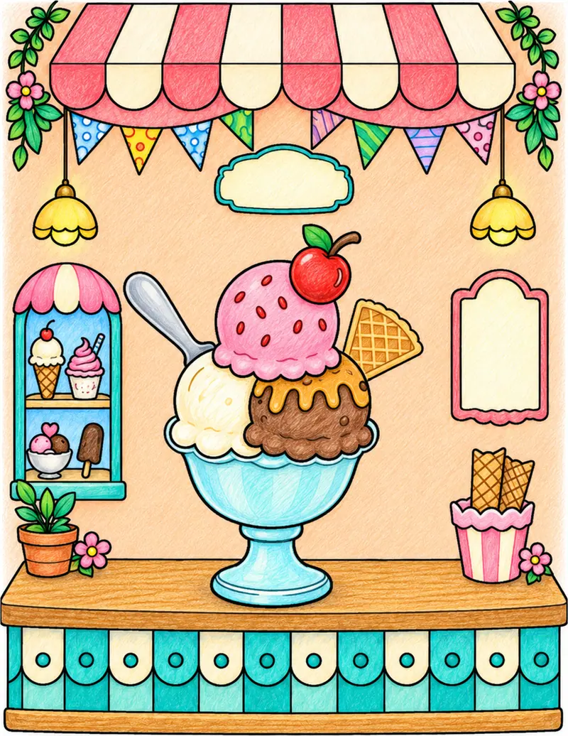 A huge ice cream sundae with three scoops and a cherry in an ice cream parlour with a striped awning.